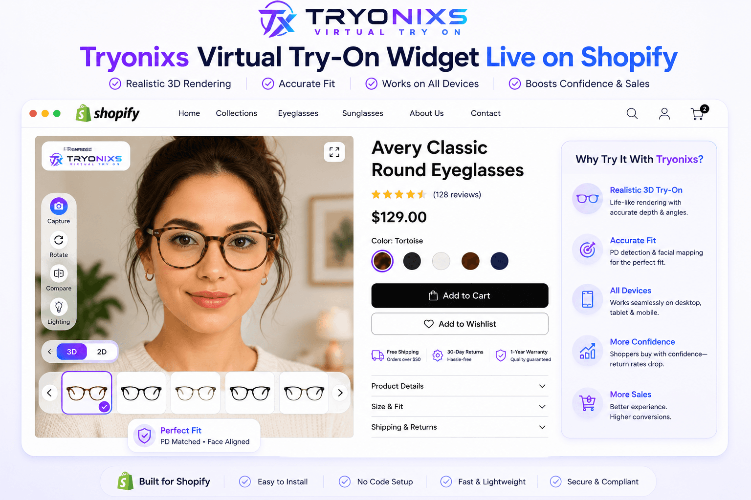 Tryonixs AI virtual eyewear try-on widget shown on a product page