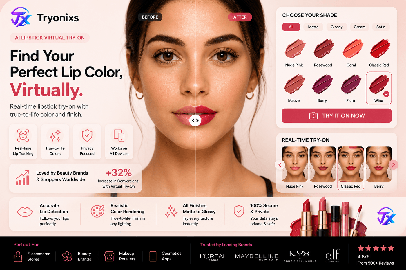 Virtual lipstick try-on showing multiple shade options on a woman's lips